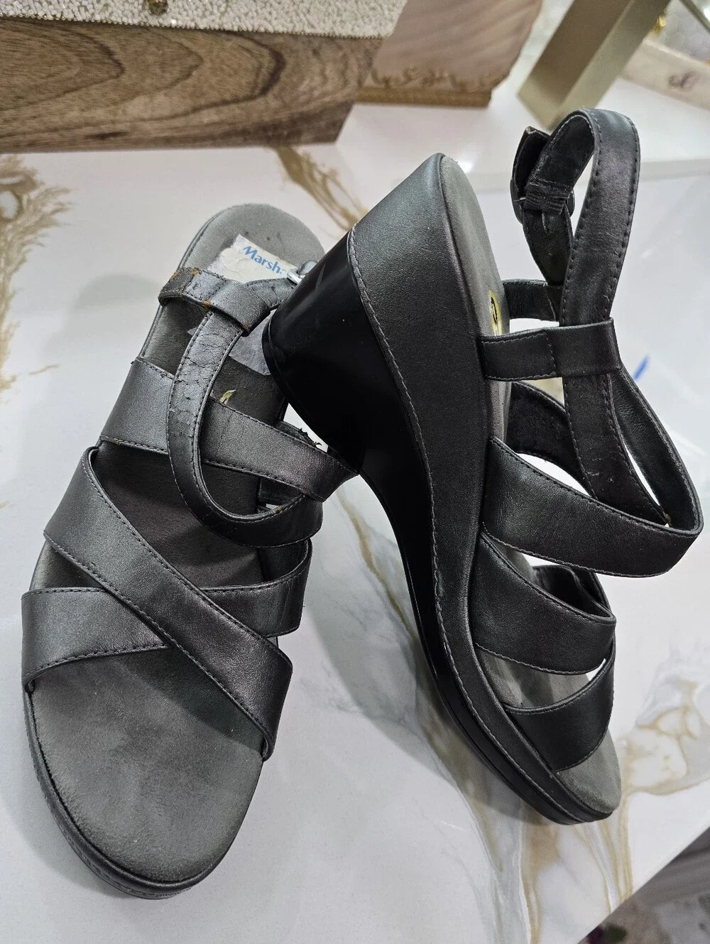 Women's Black Wedge Sandals with Strappy Design